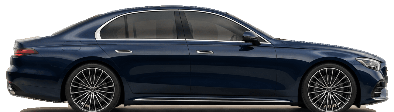 Dark blue luxury sedan, side profile
